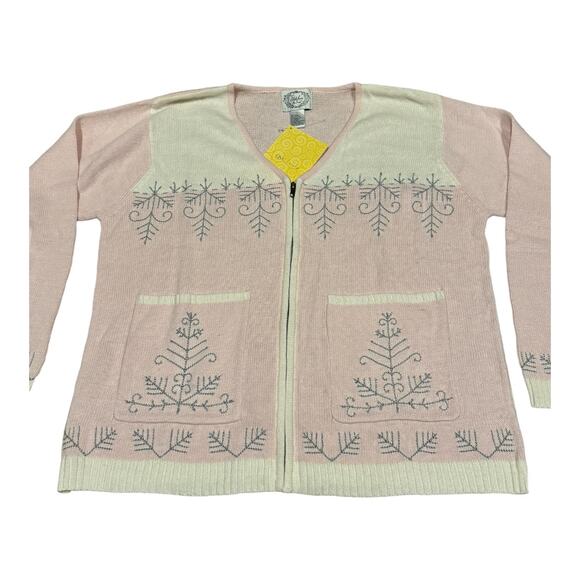 NWT Stiches In Time Pink, white, zipper Cardigan w snowflakes & gems size Large - Picture 2 of 13